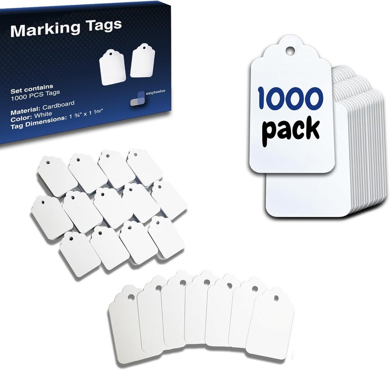 Easytwelve - 1000 Pieces Unstrung Price Tags for Clothes 1.75 x 1.093 inches, Hang Tags Labels for Clothing Tags and Labels, Retail, White Tags, Tagging Gun Refill - Image 1